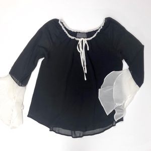 PJK Sheer Black and Ivory Keyhole Tie Blouse S